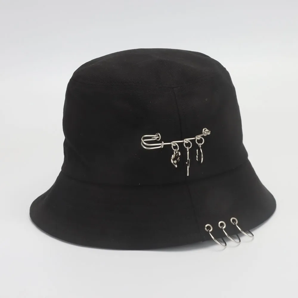 Bucket Hat Women Men Unisex Folding Fisherman Hat Black Metal Ring Flat Top Hip Hop Hats For Women Summer Solid Color Gorro New