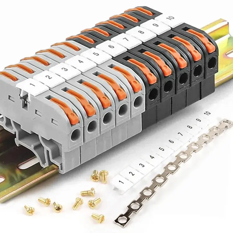 10PCS Din Rail Terminal Block 211 Wire Electrical Conductor Universal Fast Cable Connector Connection with Number Strip Set