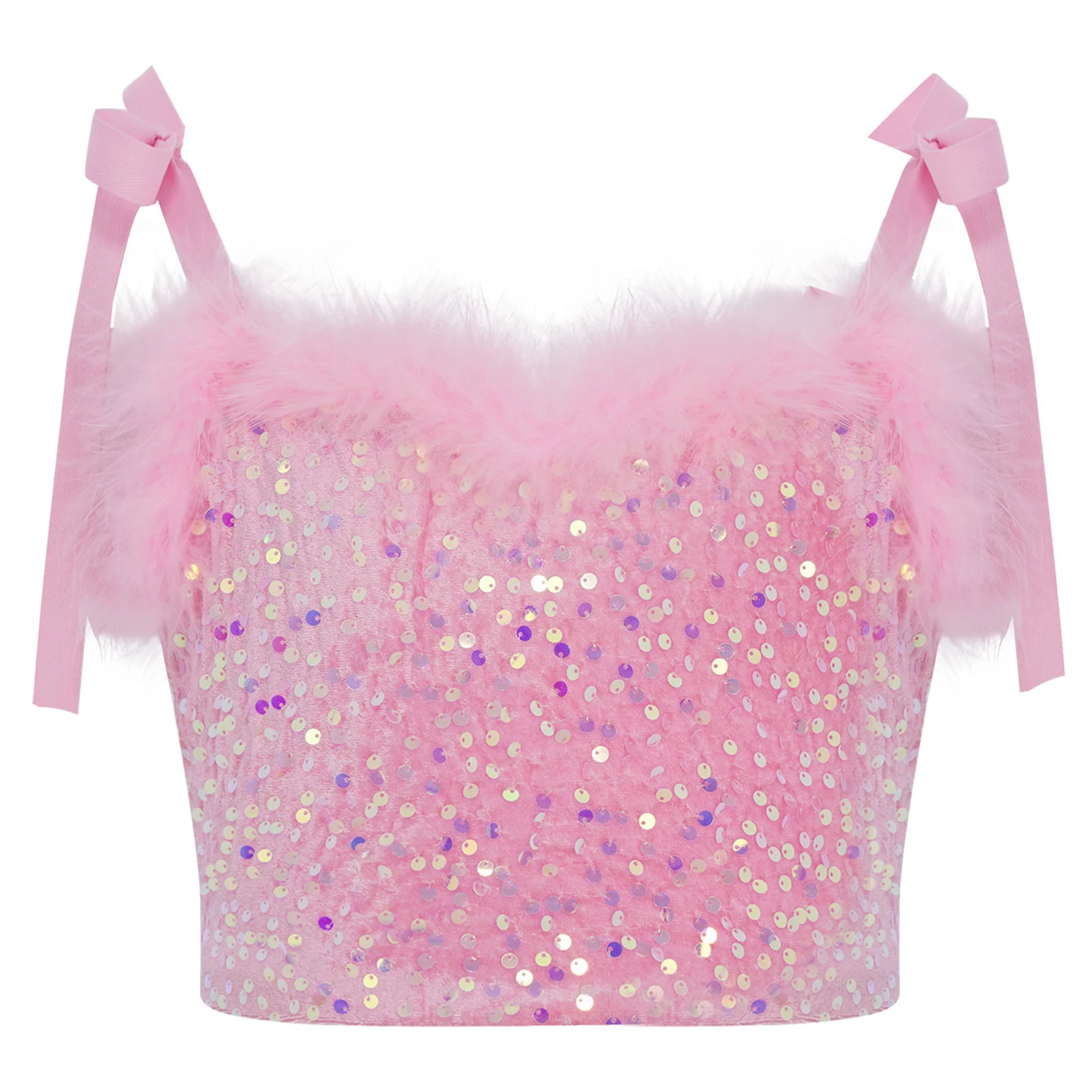 

Girls Hip-Hop Jazz Dance Camisole Lace-up Straps Feather Trim Glittery Sequins Crop Top Street Dance Style Tops Jazz Dancewear
