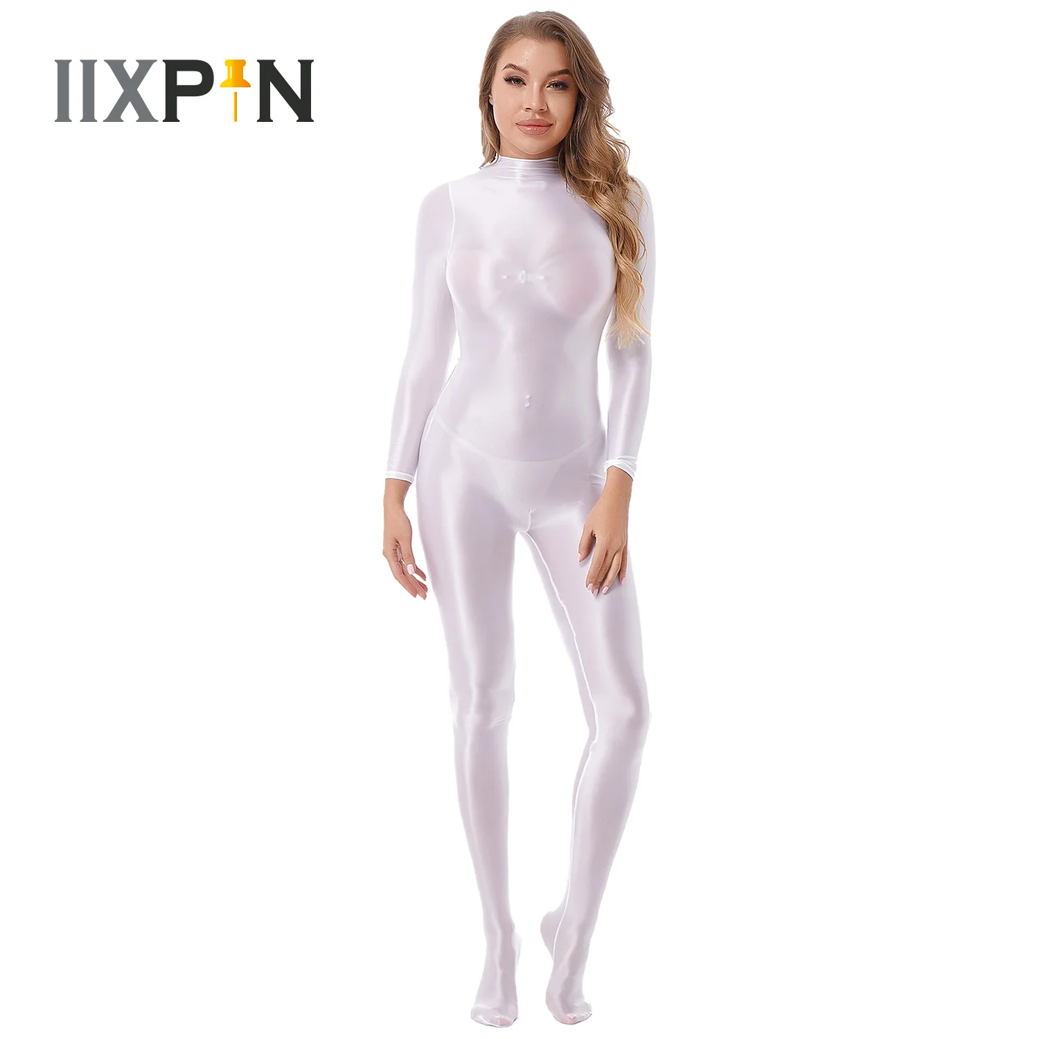 Seksowne body z długim rękawem, jednoczęściowe, z zamkiem, z tyłu, seksowne rajstopy, Bodystocking, błyszczące rajstopy, modelujące, kombinezony,