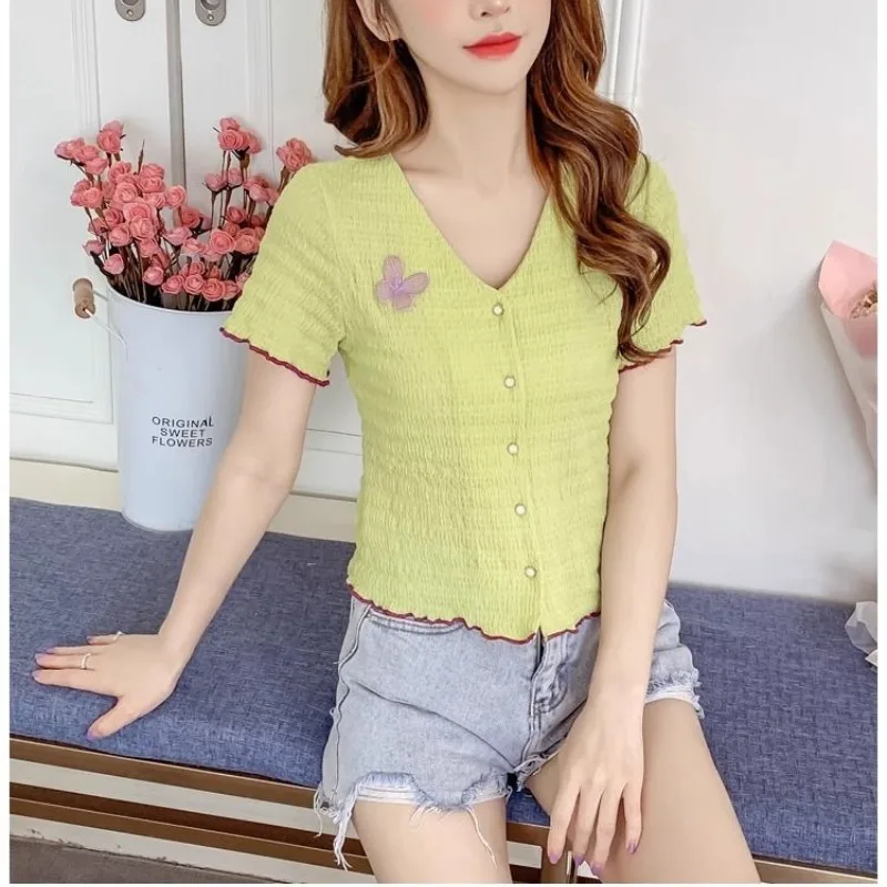 2024 Summer New Sweet Cardigan Button Shorts Contrast Color Bow V-neck Ruched Short Sleeve Slim Flattering T-shirts Women's Tops