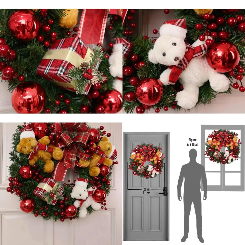 

28-Inch Unlit Christmas Bear Wreath for Home, Door, Porch, and Wall Winter Holiday Decor
