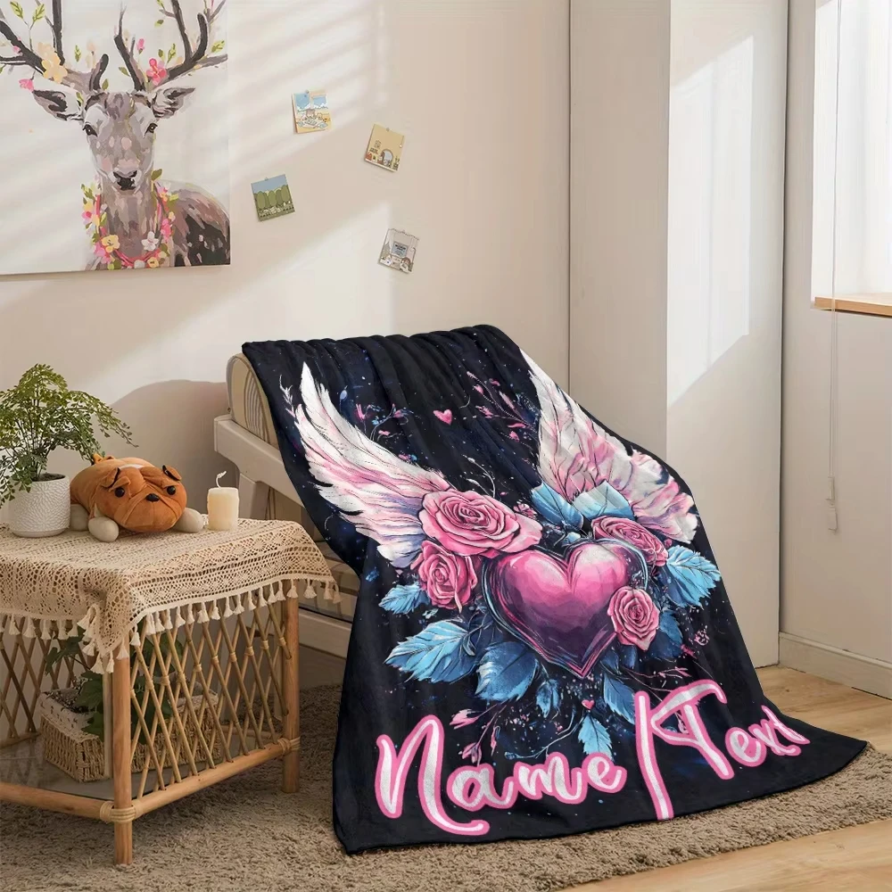Winter Name Blanket with Love Wings Design – Soft Flannel Throw for Sofa, Travel, Camping & Bed – Lightweight, Warm & Person