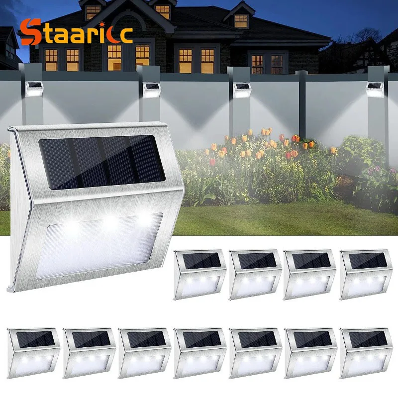Luz solar para escaleras de acero inoxidable con 3 LED, luz de pared exterior resistente a la lluvia, luz para valla, pequeña luz nocturna, luz blanca cálida
