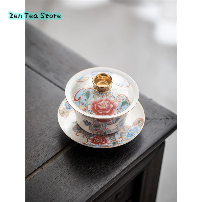 Hand-cut Silk Silver Three Cover Bowl Teacup Household Ceramic Kung Fu Tea Set Gold Enamel Color Tea Bowl Gift Box