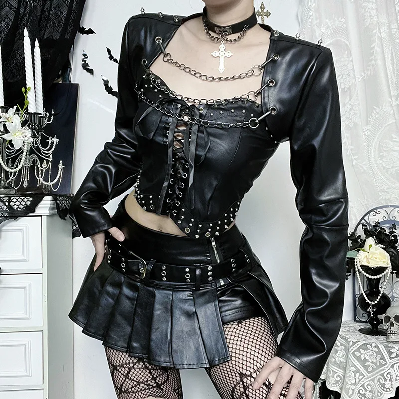 Gothic Women's Casual Jackets Punk Style Leather Removable Chain Jacket Matching Outfit Subculture Rock Concert Black Short Coat