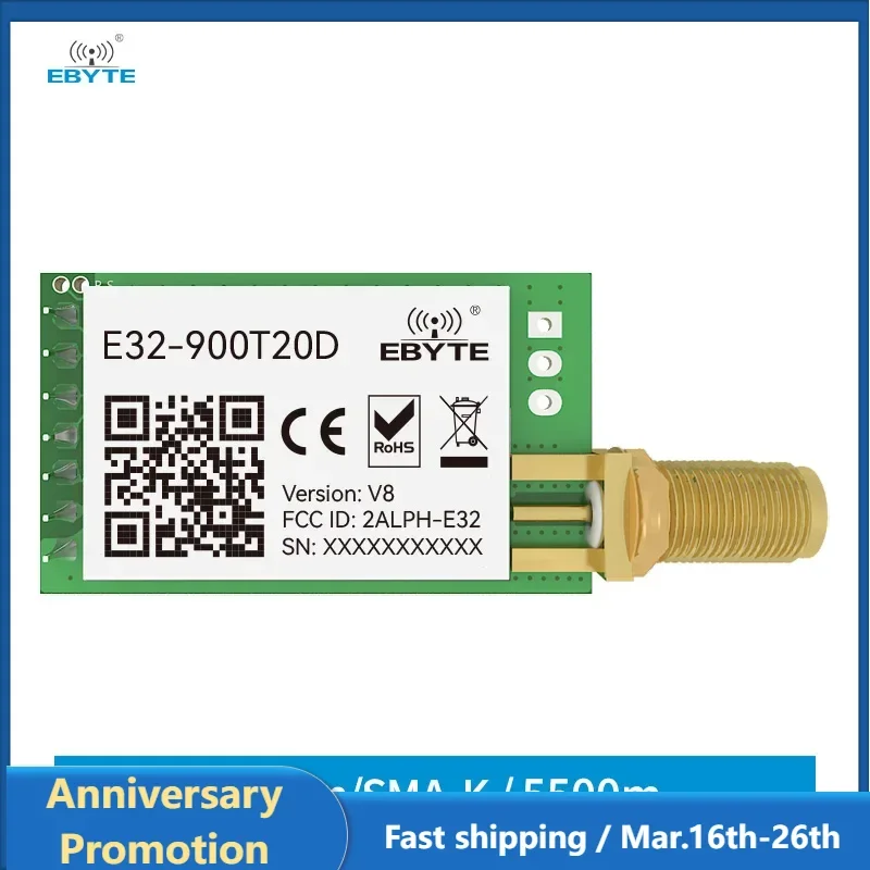 LoRa Module 868MHz 915M EBYTE E32-900T20D-V8 100mW Long Range IoT uhf Wireless Transceiver Transmitter SMA Antenna