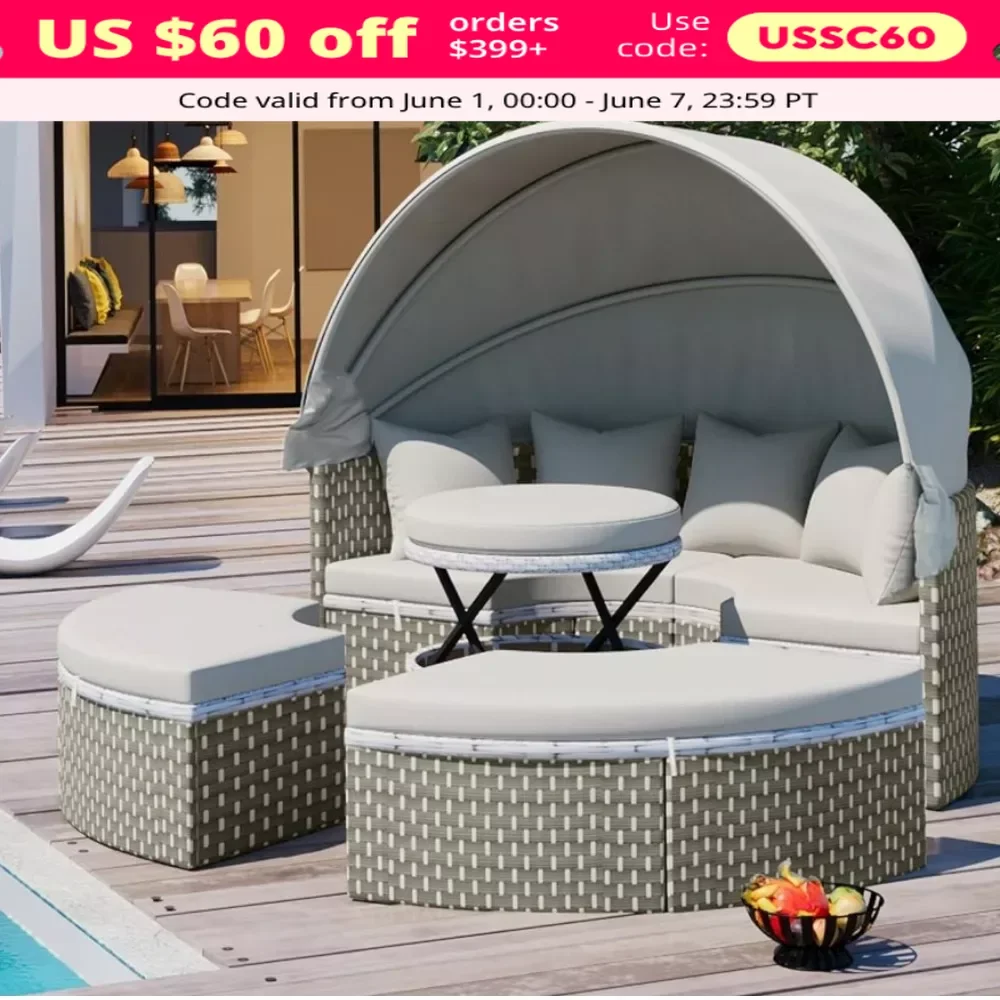 

Garden Furniture Sets, Patio Daybed Sunbed, Rattan Round Lounge with Retractable Canopy, Lift Coffee Table, Furniture Sets