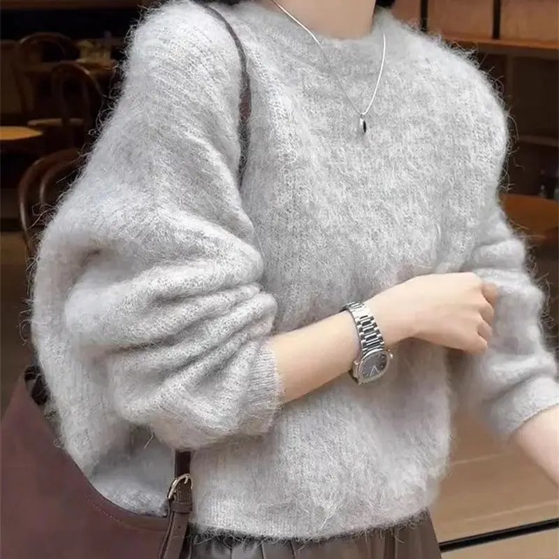

New Casual Loose Knitted Women's Sweater Grey Thickened O-neck Long Sleeve Soft Warm Autumn Winter Pullover Top Knitwear