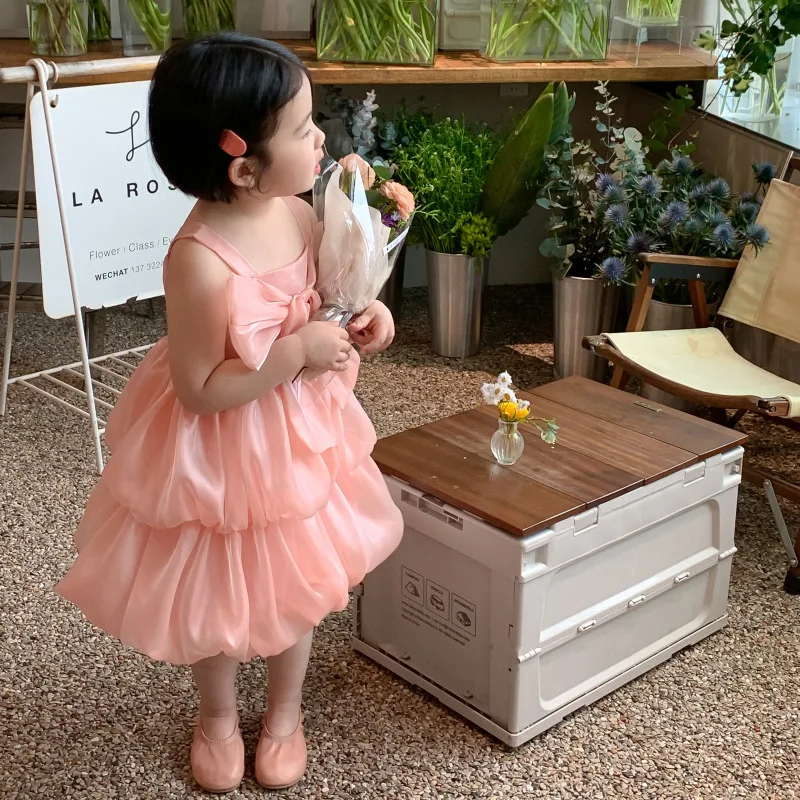 

Girls Halter Sundress South Korea New Summer Children Bow Pompadour Skirt Baby Girl Korean Style Pumpkin Skirt