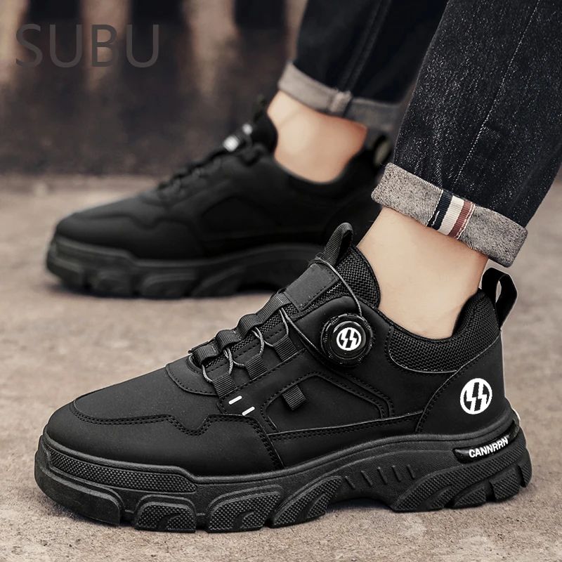 British Style Outdoor Men Work Shoes Rotating Button Fashion Motorcycle Shoes Versatile Men Casual Shoes Comfortable Sport Shoes