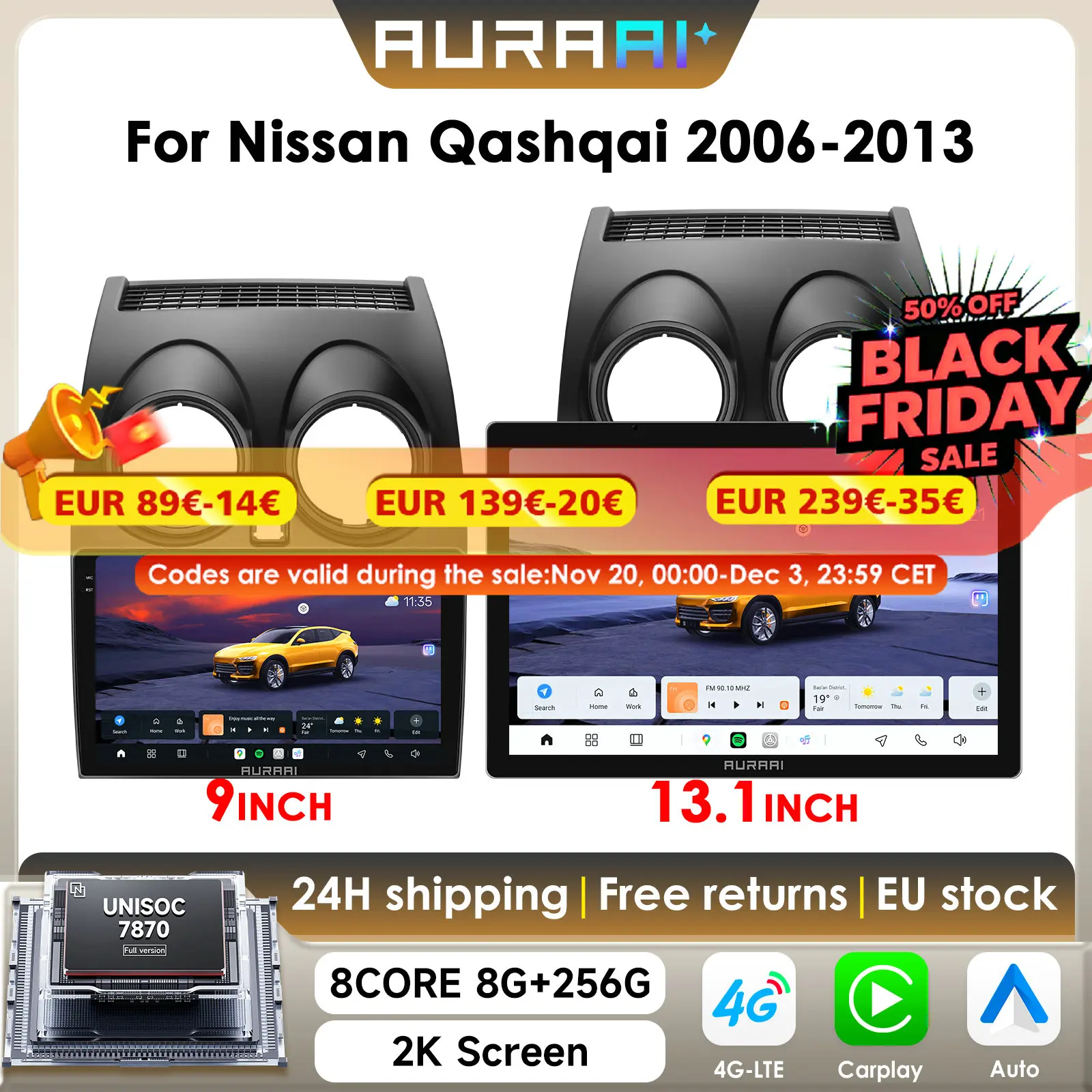 AURAAI X100 Android13 Intelligente Auto Radio Für Nissan Qashqai J10 2006 2007 2008-2013 Dual Mic ADAS 360 kamera 2K Bildschirm UIS7870