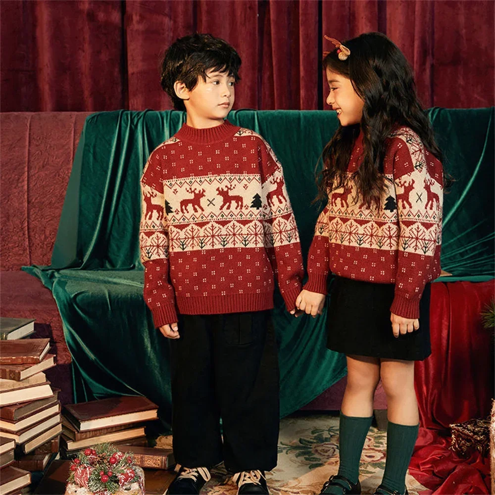 Christmas Sweater With Neck Boys Girls Children Clothes Winter 2023 Sweaters Top Bebe Knitwear Clothes for 3 4 5 7 12 14Years