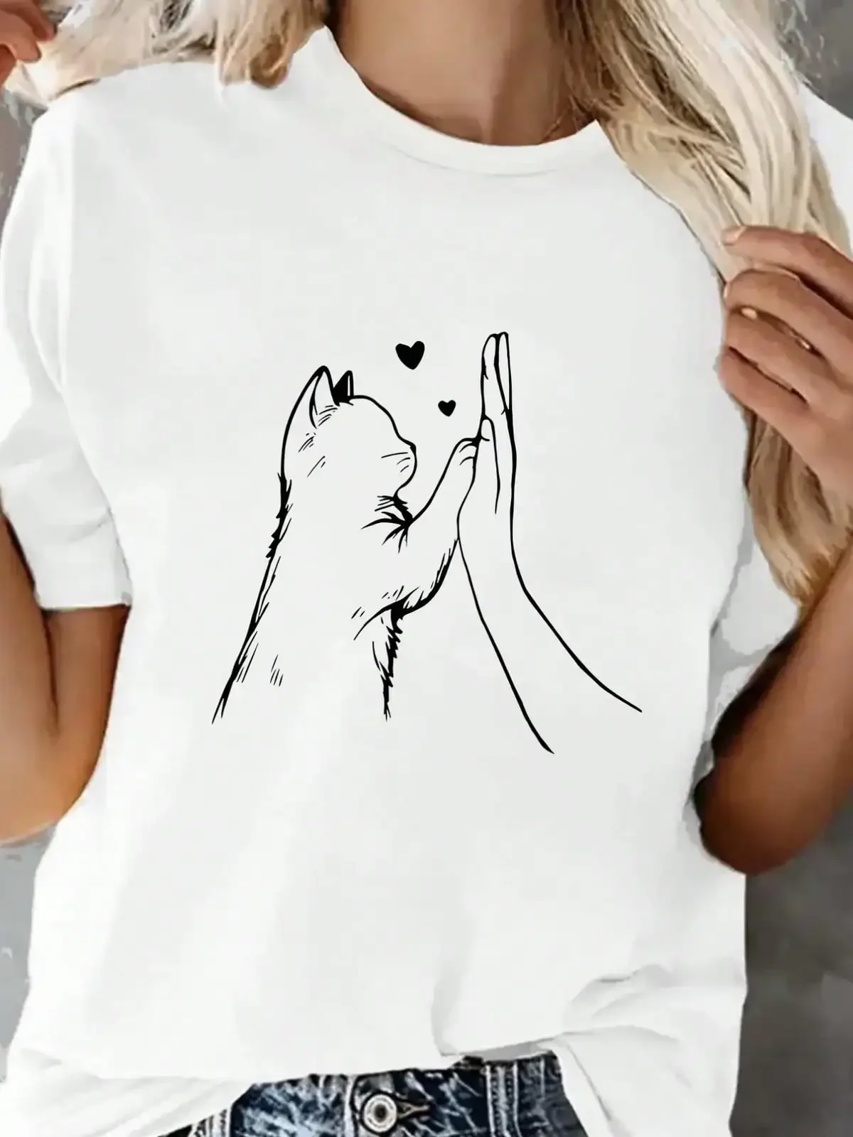 Women'S Casual Short-Sleeve T-Shirt With A Cat Print And A Round Neck,Breathable And Comfortable Short-Sleeved Round-Neck Top, Suitable For All Seasons, Everyday Wear For Women