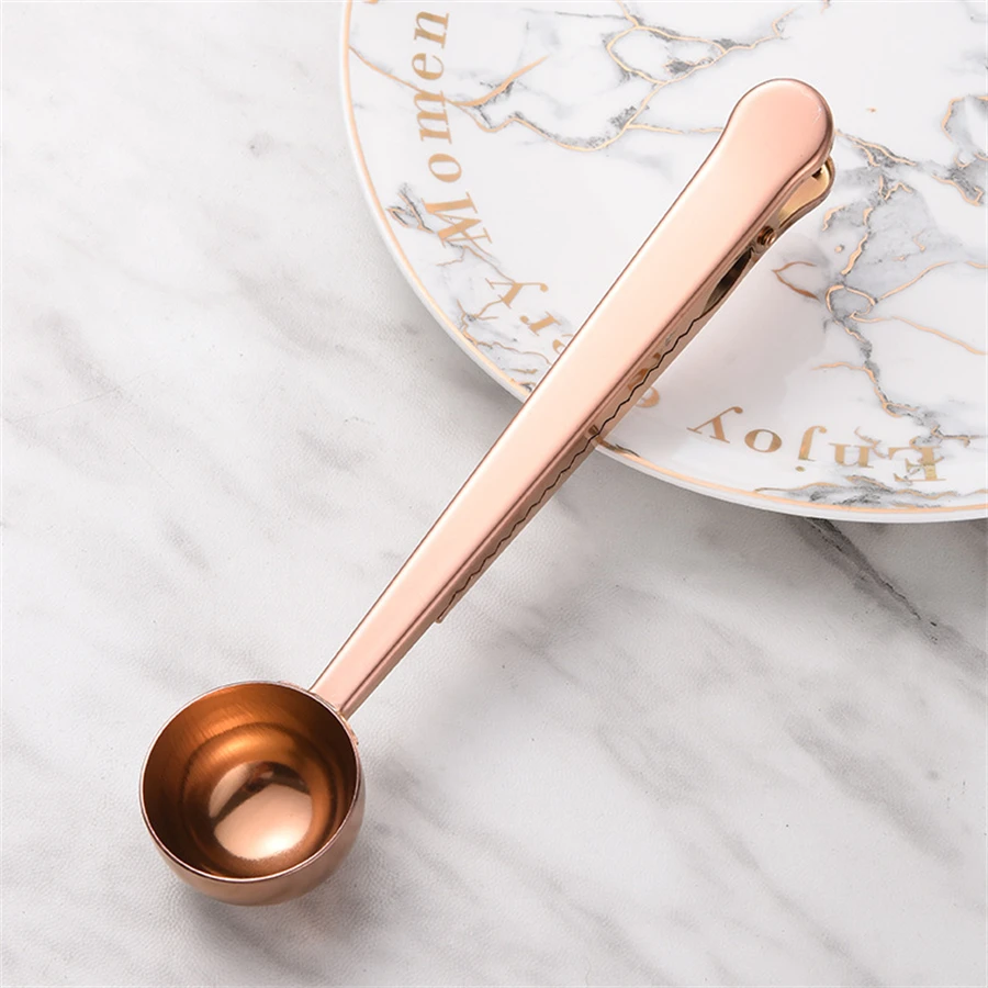 1PC Multifunctional Two-in-one Stainless Steel Coffee Spoon Snack bag Sealing Clip Kitchen Gold Accessories Cafe Decoration