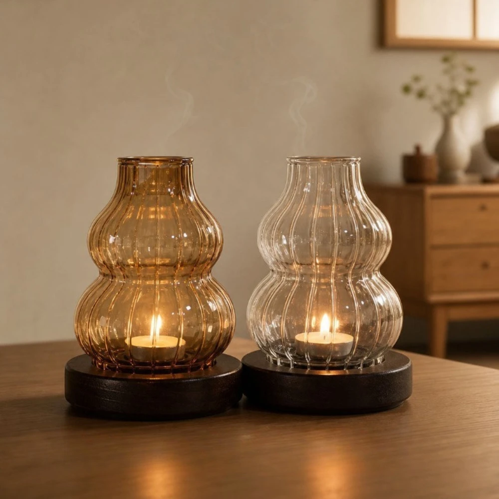 Creative Gourd Glass Candle Holder with Solid Wood Base Windproof Tealight Holder Nordic Home Wedding Table Centerpiece Decor