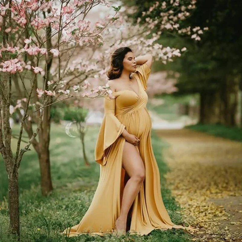 

Хлопковые платья для беременных для фотосессии, сексуальные платья для беременных без плеч с рюшами для женщин, длинное платье макси с пышными рукавами для беременных