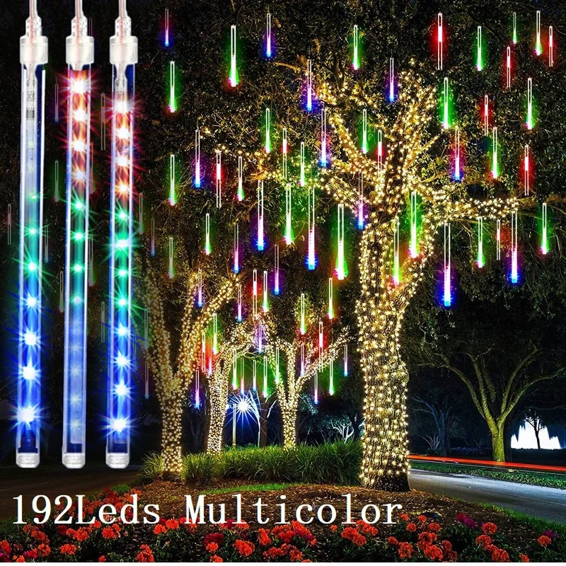 

8 трубок, 192 светодиода, метеоритный дождь, дождевые огни, падающая капля дождя, сказочные гирлянды для мотоциклистов, Хэллоуин, Рождество, праздник, домашний декор