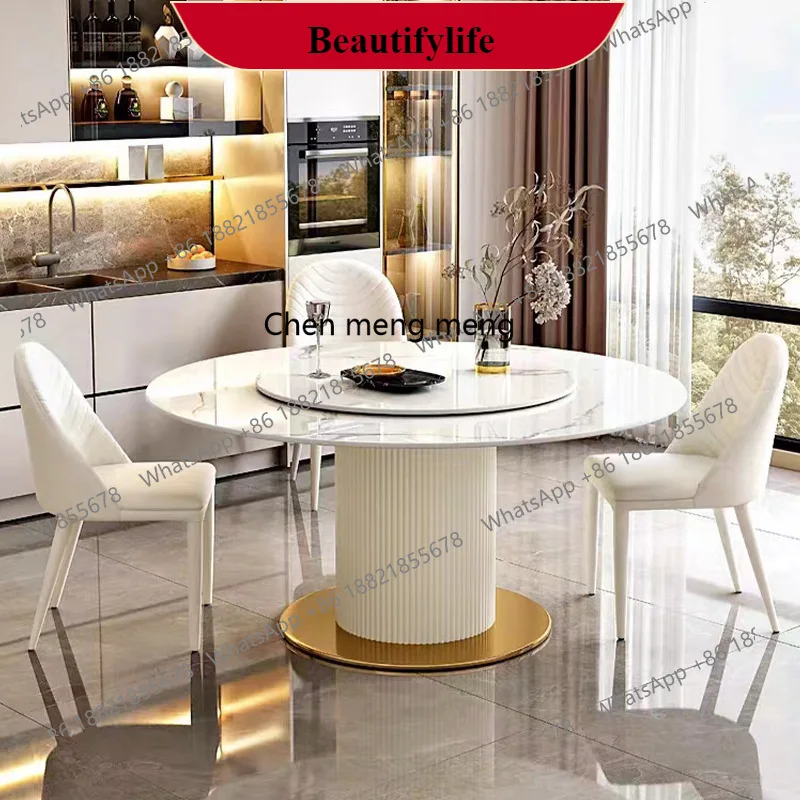 

G153 Light luxury cream wind rock slab round dining table and chair combination household small apartment modern simple dining