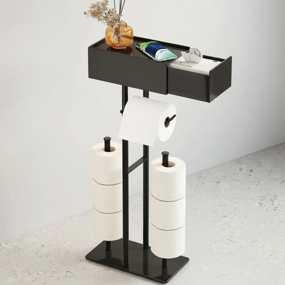 

Freestanding Toilet Paper Holder with Drawer Shelf, No Drill Storage for Mega Rolls & Wipes, Matte Black Bathroom Organizer