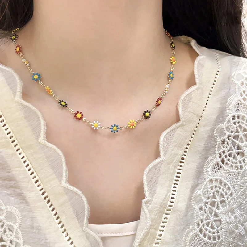 Colorful  Flower Choker Necklaces for Women Beads Chain Clavicle Necklace Female Boho Jewelry Wedding Gift