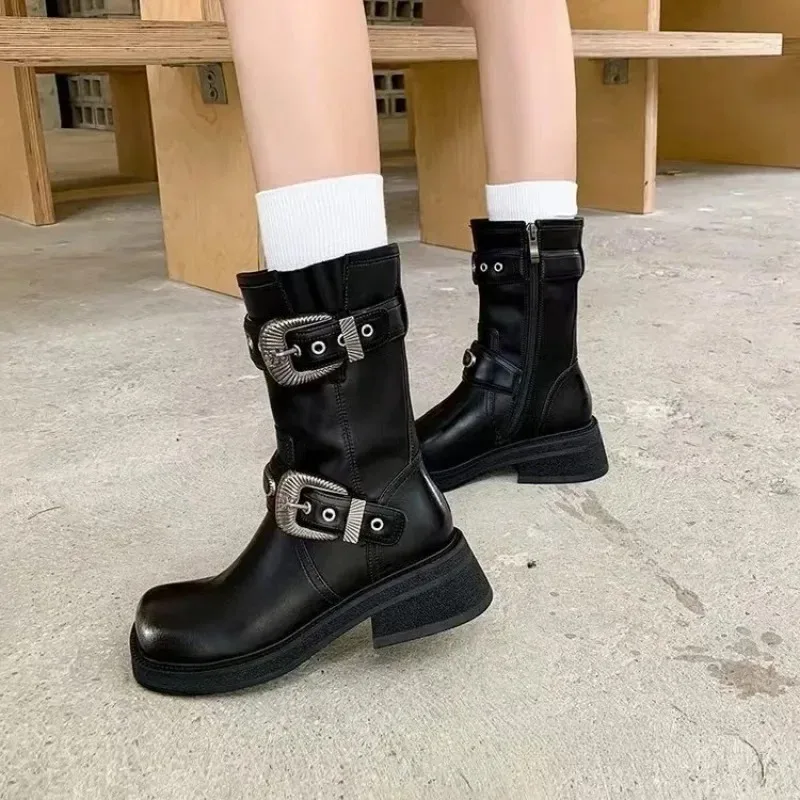 Retro Women Mid Calf Boot Punk Style Platform Knight Boot Exquisite Buckle Motorcycle Boots for Woman Designer Shoes Botas Mujer