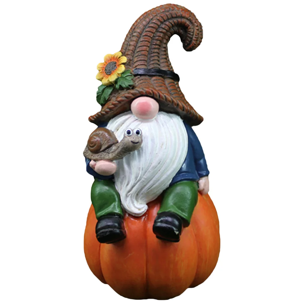 Gnome Statue Garden Gnome Figurine Gnome Sitting On Pumpkin Sculpture Autumn Harvest Yard Gnome Ornament Figurine HalloweenDecor