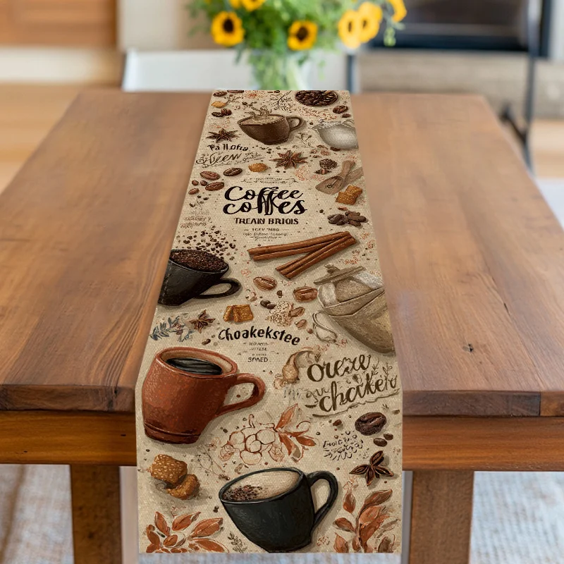 【Coffee Time】Coffee Theme Table Runner, Practical, Universal Table Runner for Restaurant, Cafe, Kitchen & Dining Table
