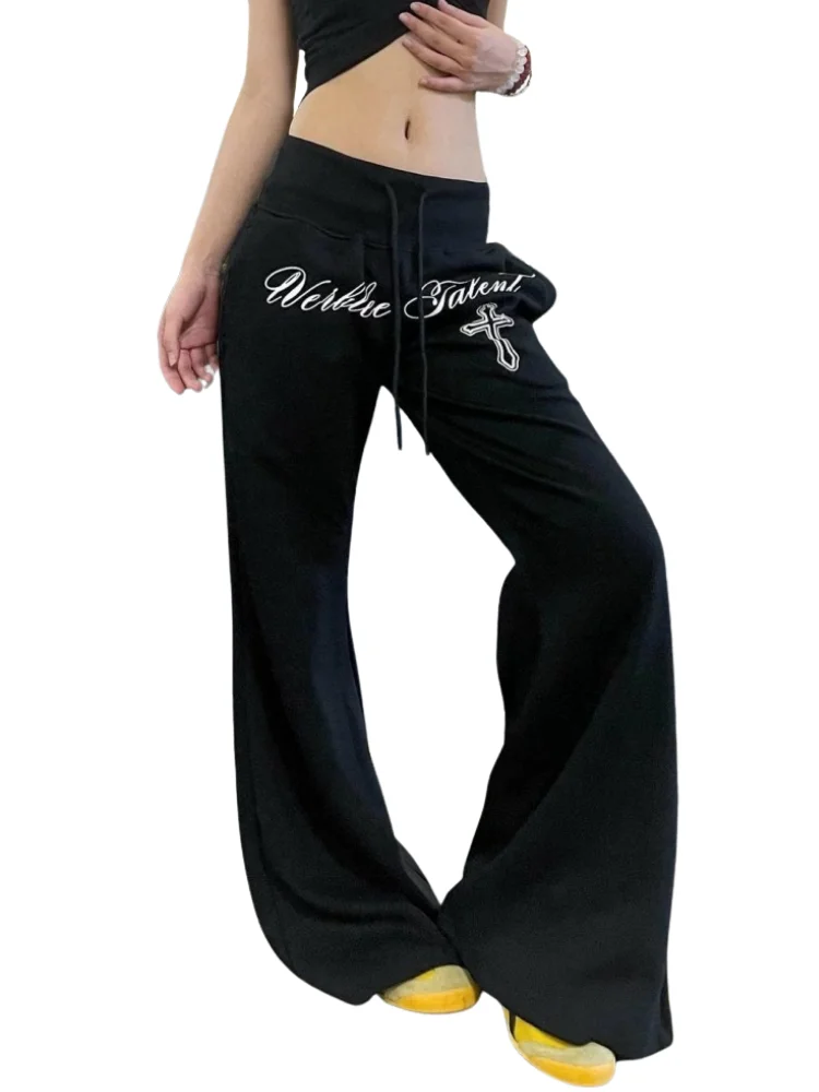Vintage 2000s Letter Printed Elastic High Waist Flared Pants Women Autumn Spice Girl Punk Hip Hop Gothic Slim Wide Leg Sweatpant