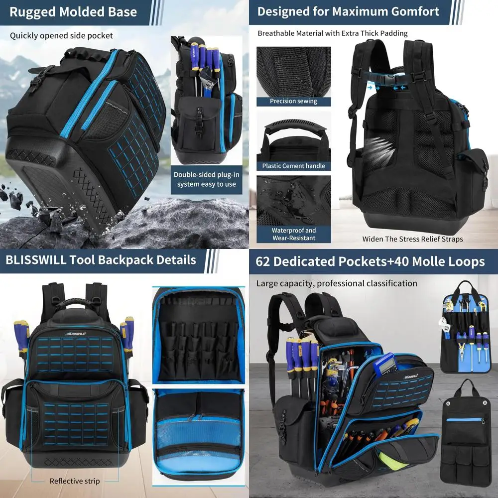 

Мужской прочный водонепроницаемый рюкзак для инструментов с 62 карманами и 40 петлями для электриков, рабочих в промышленности и строительстве