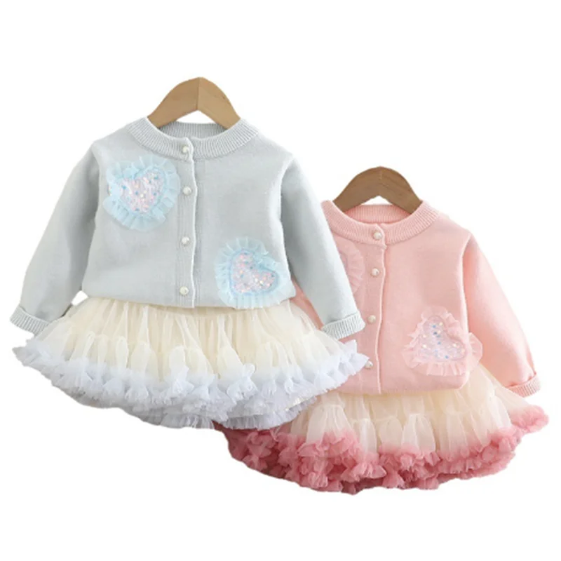 Girls Cliothes Sets Spring Autumn Children Knitted Sweaters Coats Tutu Skirts 2pcs Party Suit For Baby Birthday Costume Kids 7Y