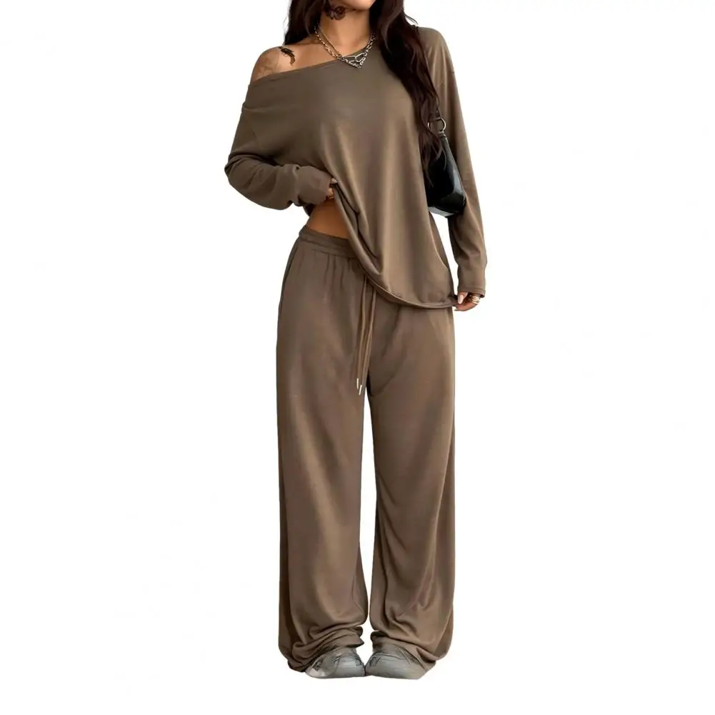 Spring Autumn Women Outfits Sweatshirt Pants 2-Piece Set, Off Shoulder Long Sleeve Top & Wide Leg Trousers Matching Lounge Set