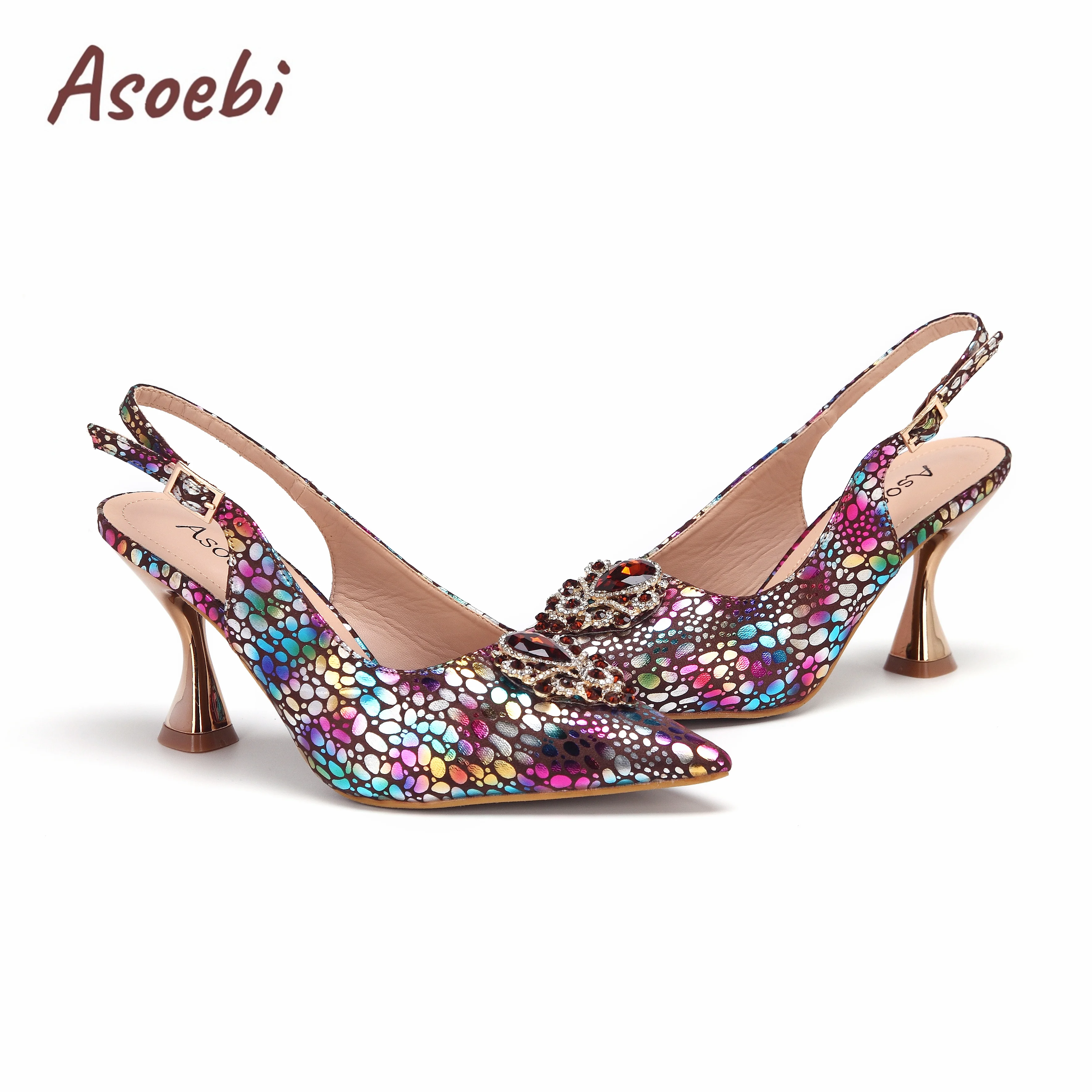 Latest Italian Design African Women's High Heels Pointed Toe Sandals Coffee Color Shoes and Bags Set for Wedding Party