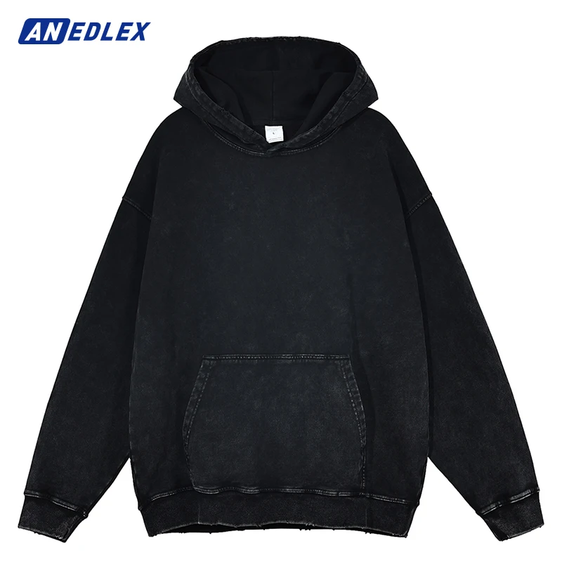 

Hip Hop Streetwear Men Oversize Washed Hoodie Sweatshirt Solid Color Vintage Hooded Pullover Cotton Harajuku Ripped hoodie Black