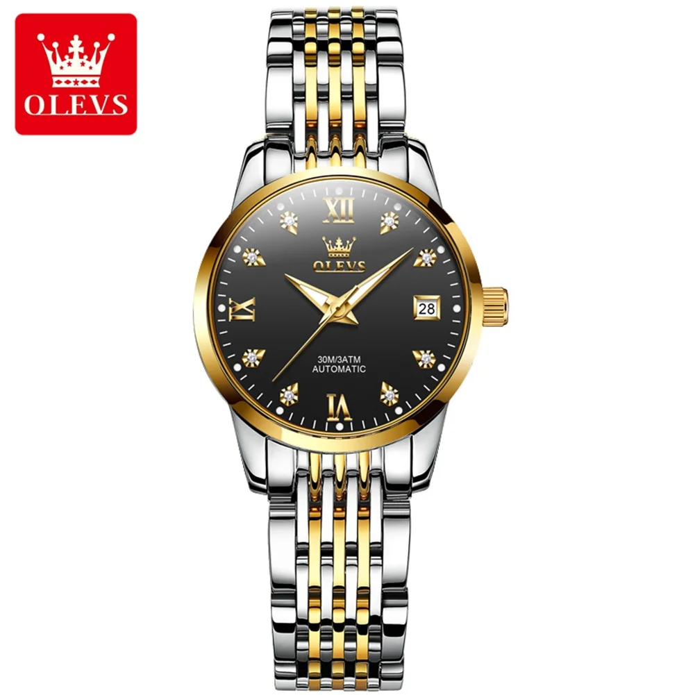 OLEVS Fashion Women Mechanical Watch Luxury Brand Original Automatic Watches Womens Stainless Steel Waterproof Date Clock Male