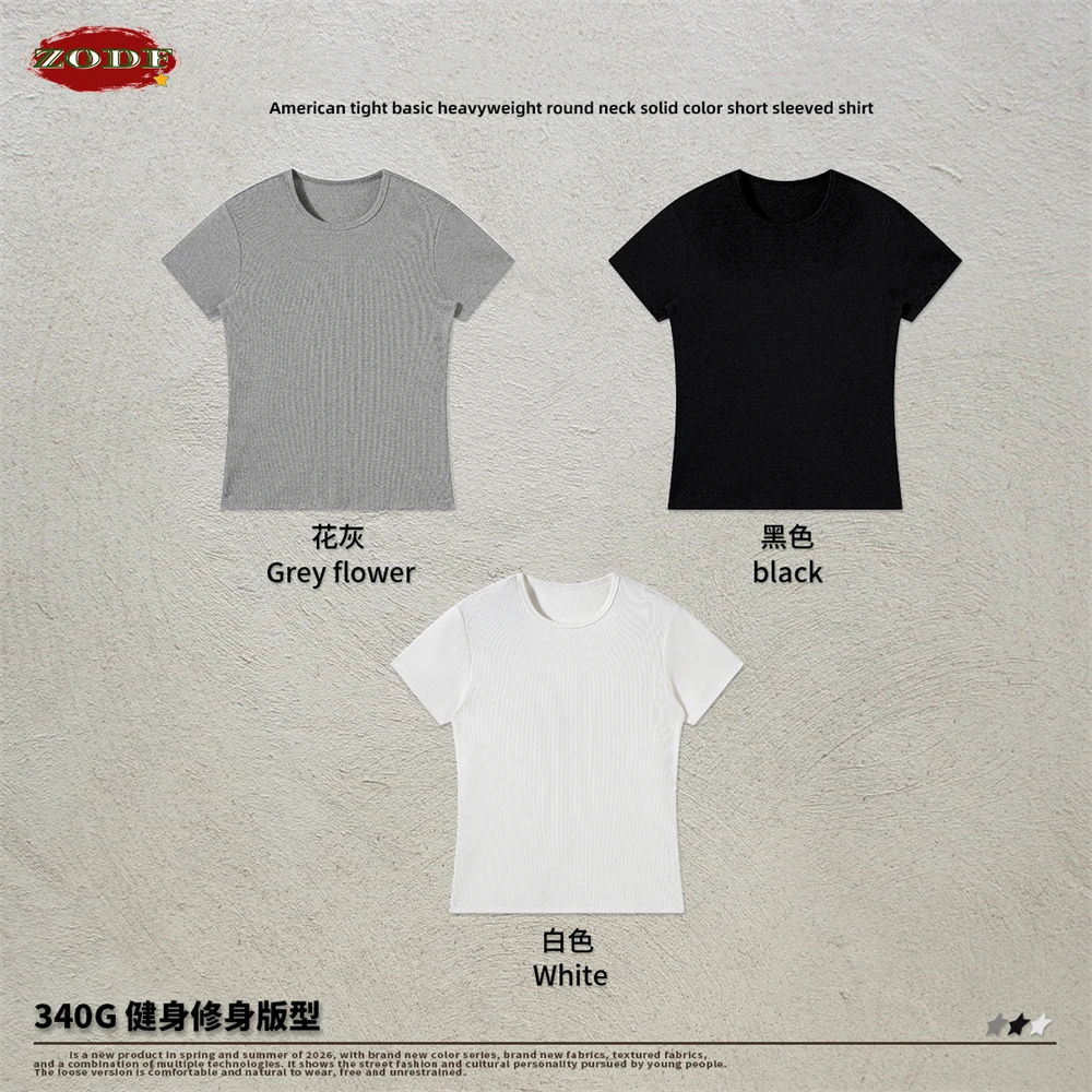 ZODF Retro Summer Heavy Weight 340gsm Solid T-Shirts For Women Hotsweet Girls Slim Fit O Neck Comfortable T Shirt HY1314