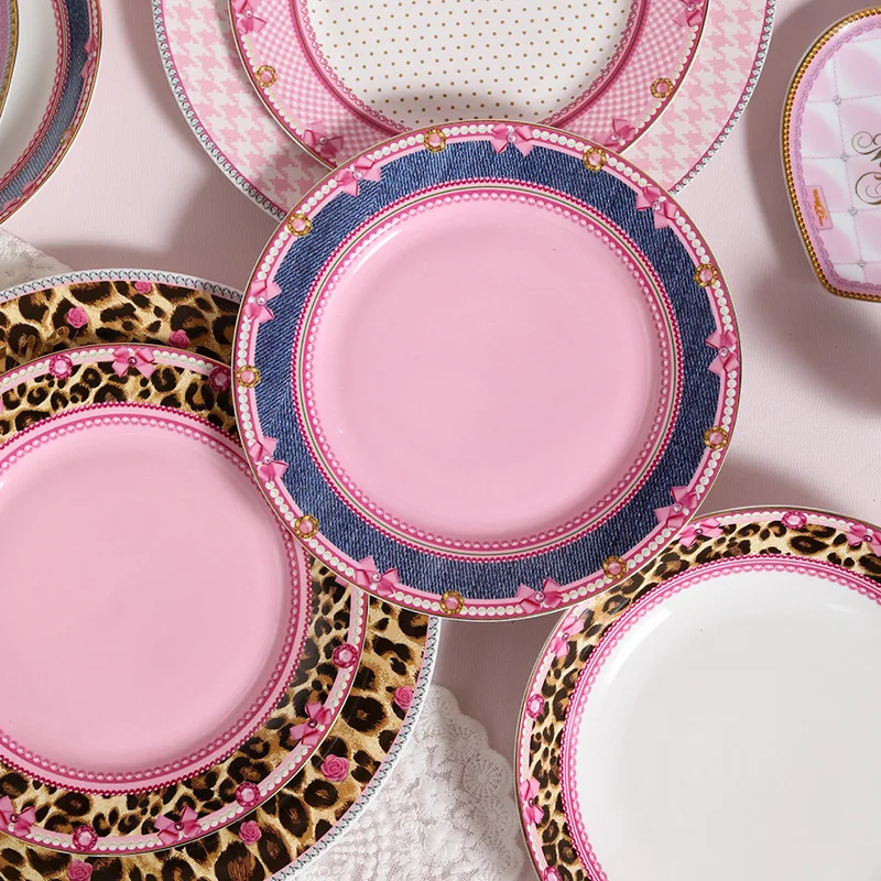 Ceramic Lace Leopard Pattern Tableware, Dining Plate, Pink Heart Shaped Breakfast Tray, Afternoon Tea Salad Dessert Dish