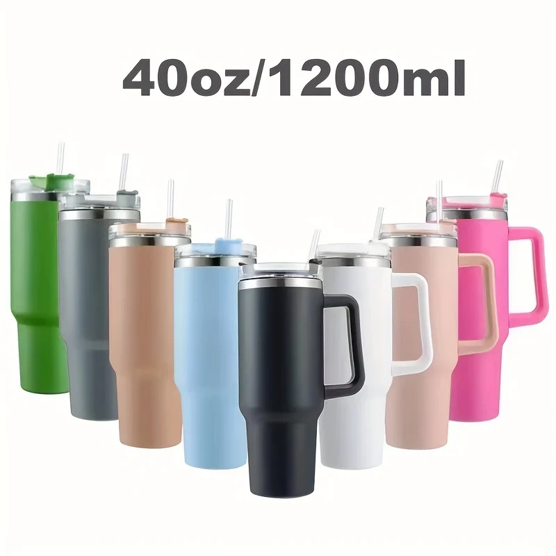 

40oz/1200ml Anti-Slip Stainless Steel Water Bottle With Straw Lid And Portable Handle - Large Capacity Car Cup For On-the-Go Hyd