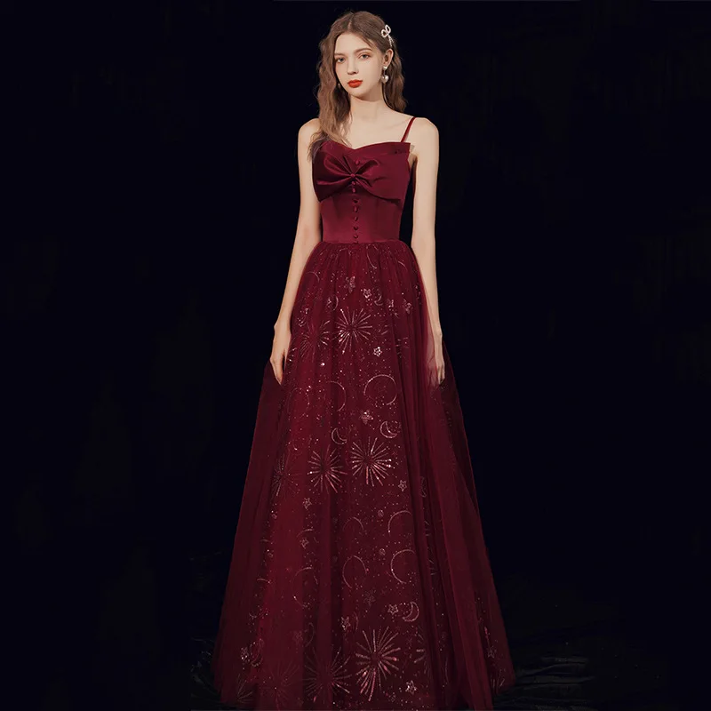 

Elegant Burgundy Spaghetti Straps Banquet Wedding Dresses Women Backless Long A-Line Tulle Party Prom Gown Toast Clothing