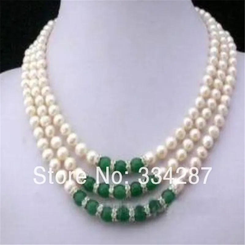 

New fashion natural 3Rows 7-8MM White Akoya Pearl and Green Jades Necklace