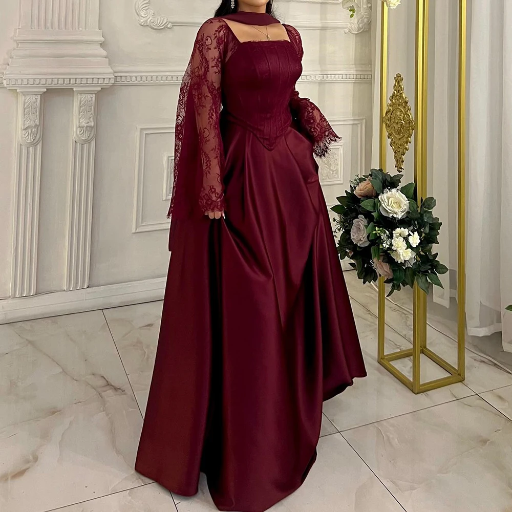 

Customized A-line Evening Dresses Floor-length Square Collar Full Sleeve Prom Gown Fashion Lace Simple Stole Draped Party Gown