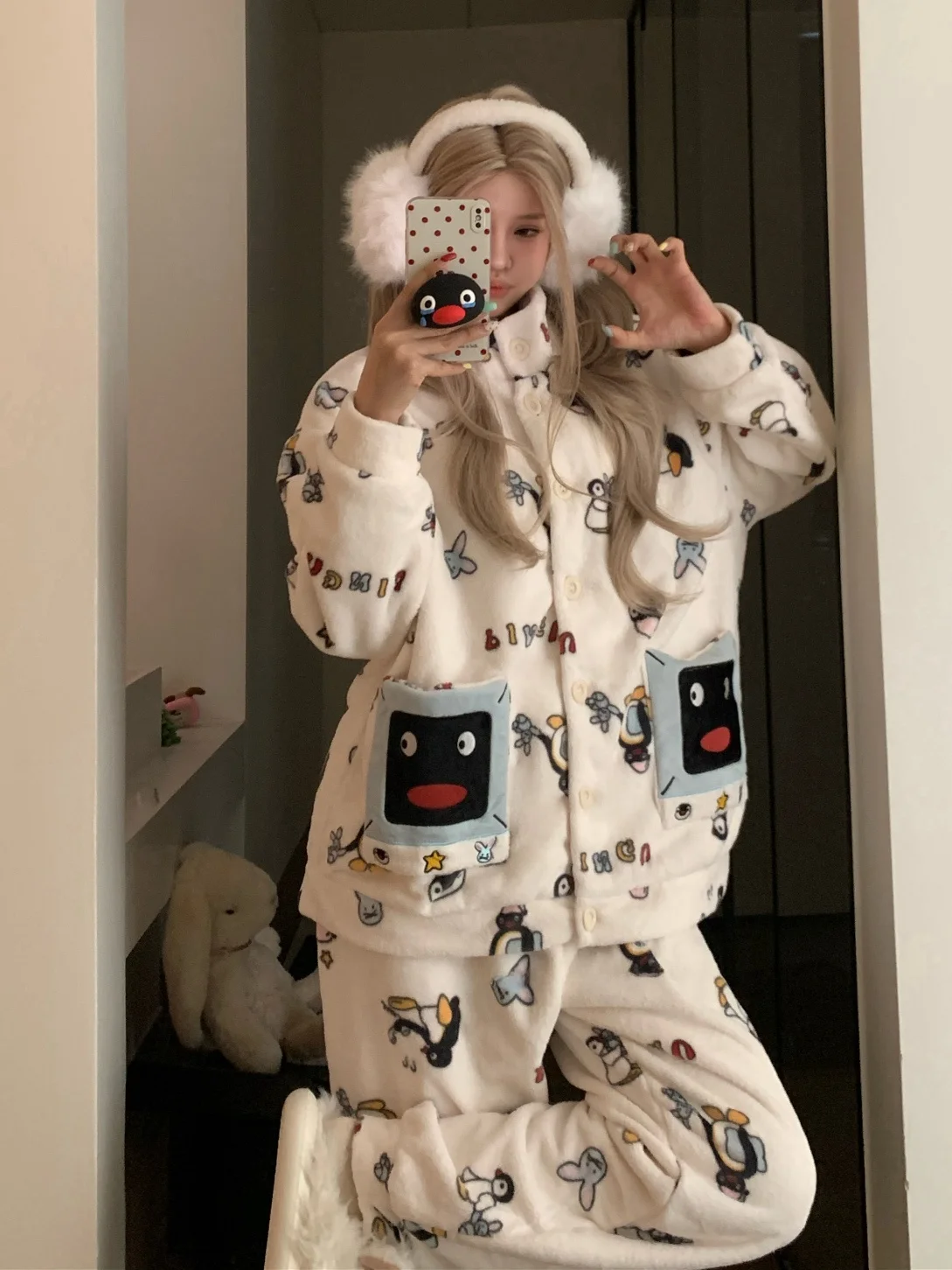 South korea Cute Pingu Penguin Coral Fleece Pajamas Women Winter Fleece-lined Thick Plush Warm Homewear Set