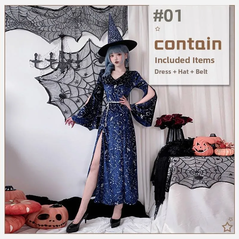 loween Costume adulto Strega Gioco di ruolo Ragazza magica Gonna lunga Notte stellata Design Personalizzabile Cinese tradizionale St...