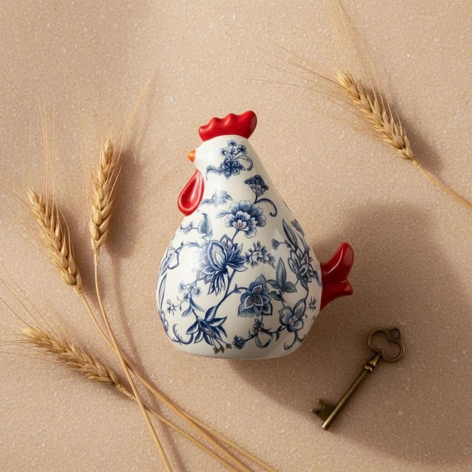 Ceramic Chanticleer Figurine Ice Crackle Glaze Farmhouse Chicken Decor Floral Chicken Statue Hand Painted House Decoration