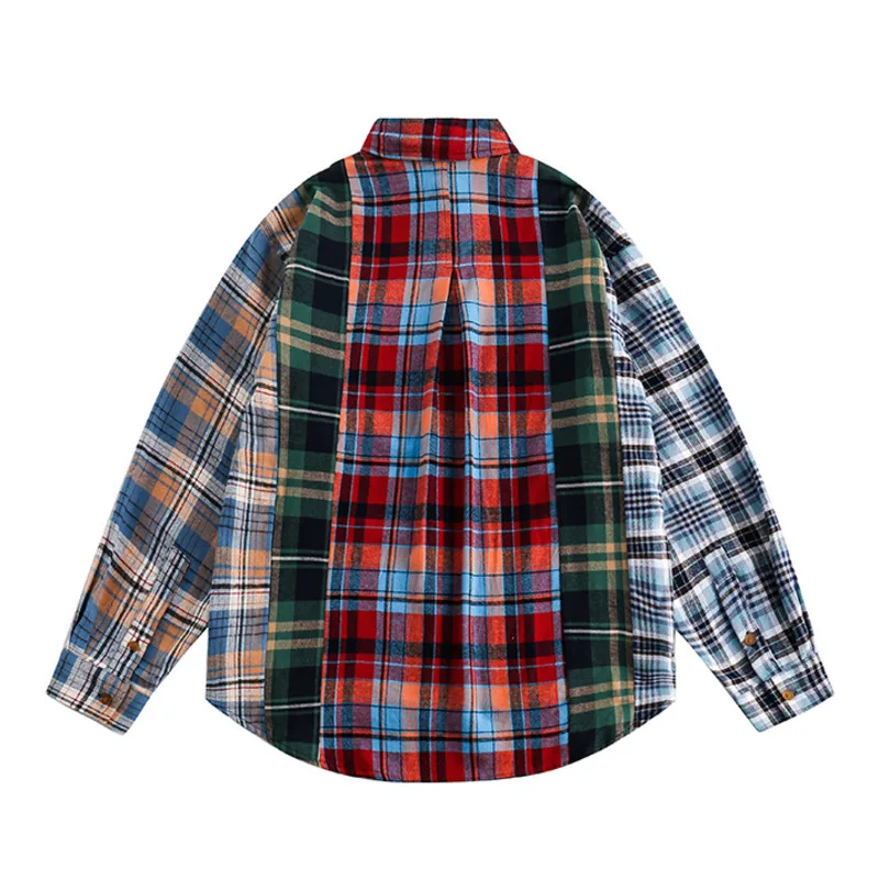 Streetwear Men Plaid Long Sleeve Shirt Retro Vintage Checkered Shirt Patchwork Hip Hop Harajuku Oversized Casual Shirt Jacket