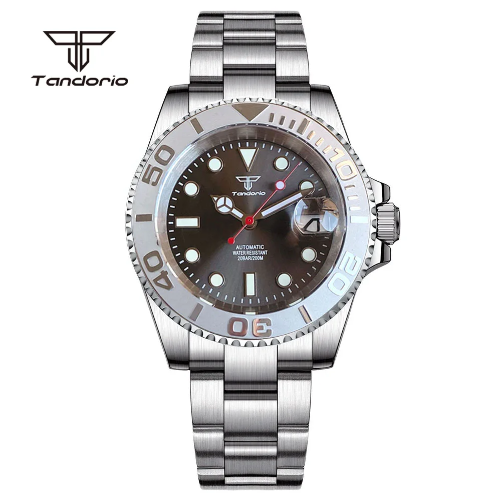 

Tandorio Gray Sunburst Mechanical Automatic NH35 Men Watch Date Sapphire 40mm Stainless Steel Diver Wristwatch 20bar Luminous