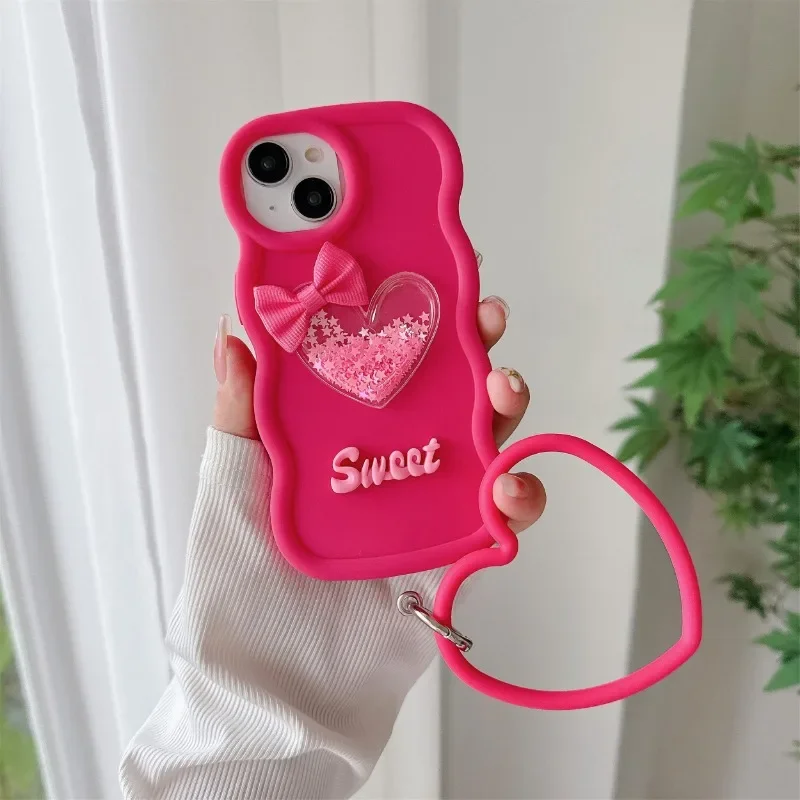 Bracelet Silicone Love Flowing Sand Phone Case for IPhone 16 15 14 Plus 13 12 11 Pro Max Soft Shockproof Protective Cover