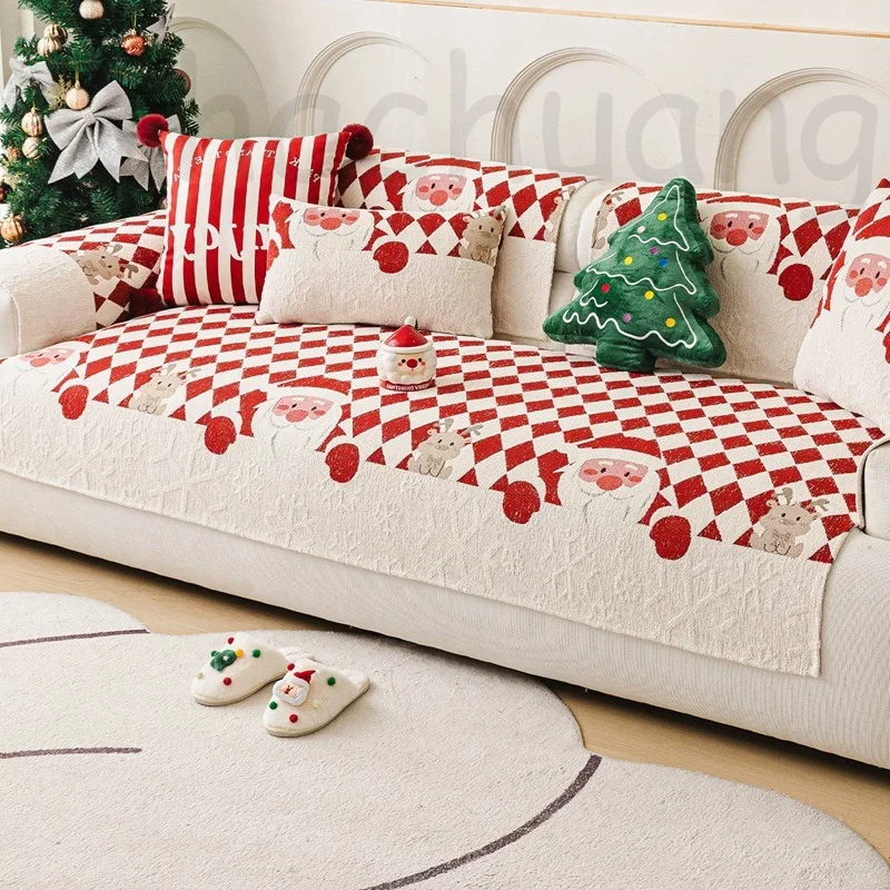 

Christmas Velvet Sofa Cover Thick Plush Flannel Non-Slip Pet-Friendly Couch Protector for Living Room Furniture Holiday Decor
