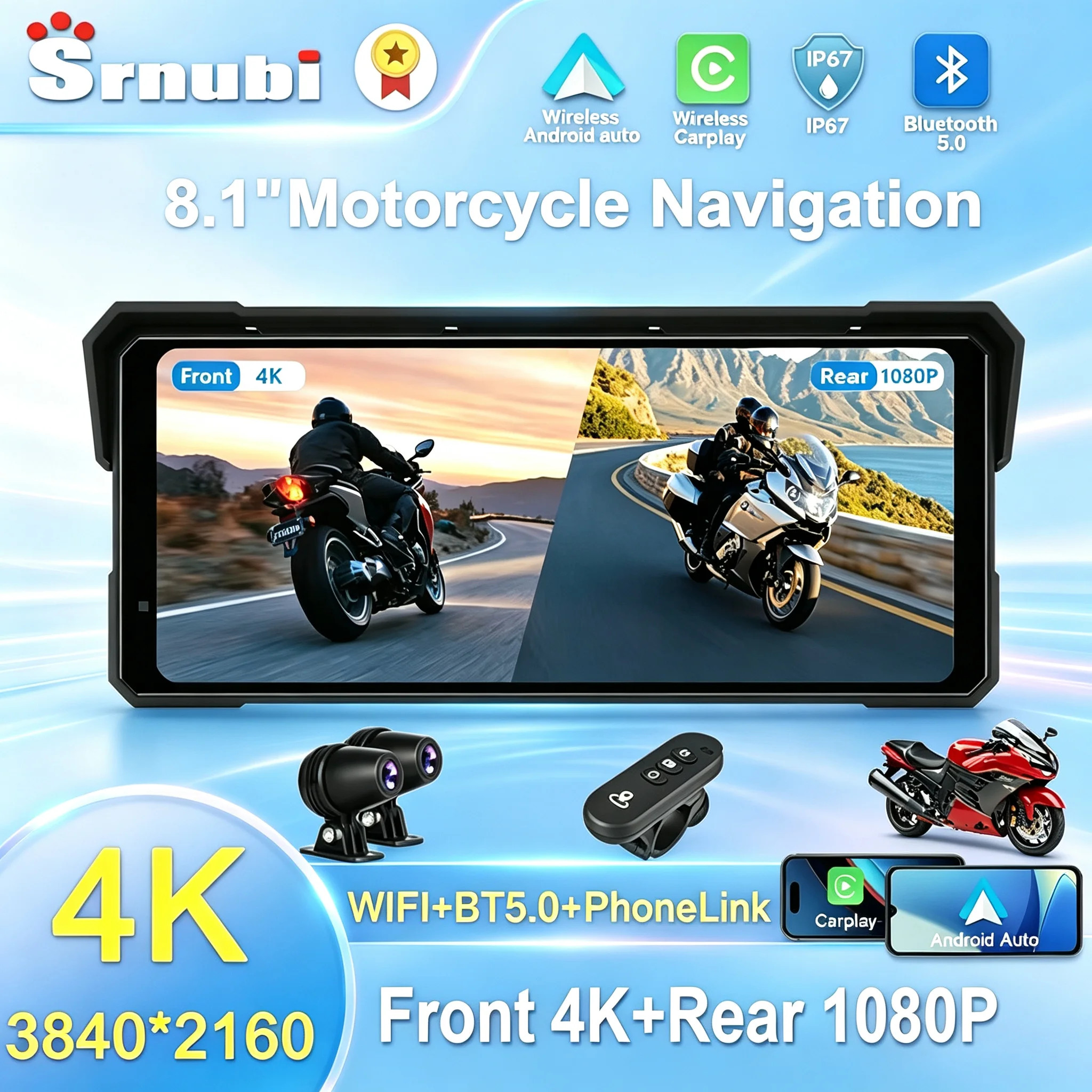 Srnubi, navigatore per moto con schermo da 5/8,1 pollici, registrazione video 4K sullo schermo anteriore e 1080P sullo schermo posteriore, impermeabile IPX7, portatile, compatibile con Carplay/Android