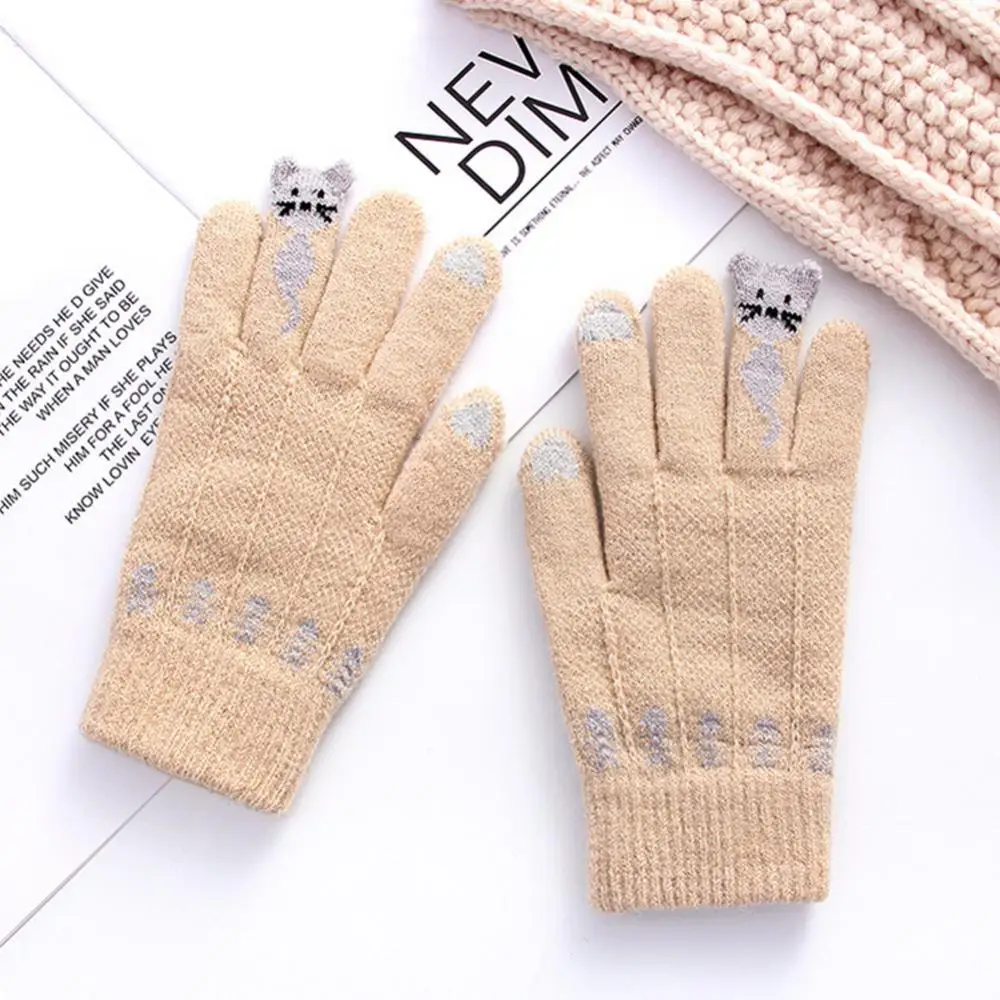 Guantes de invierno de Cachemira sintética para mujer, guantes térmicos a prueba de viento con pantalla táctil, guantes cálidos con dibujos de gatos, manoplas tejidas con dedos completos